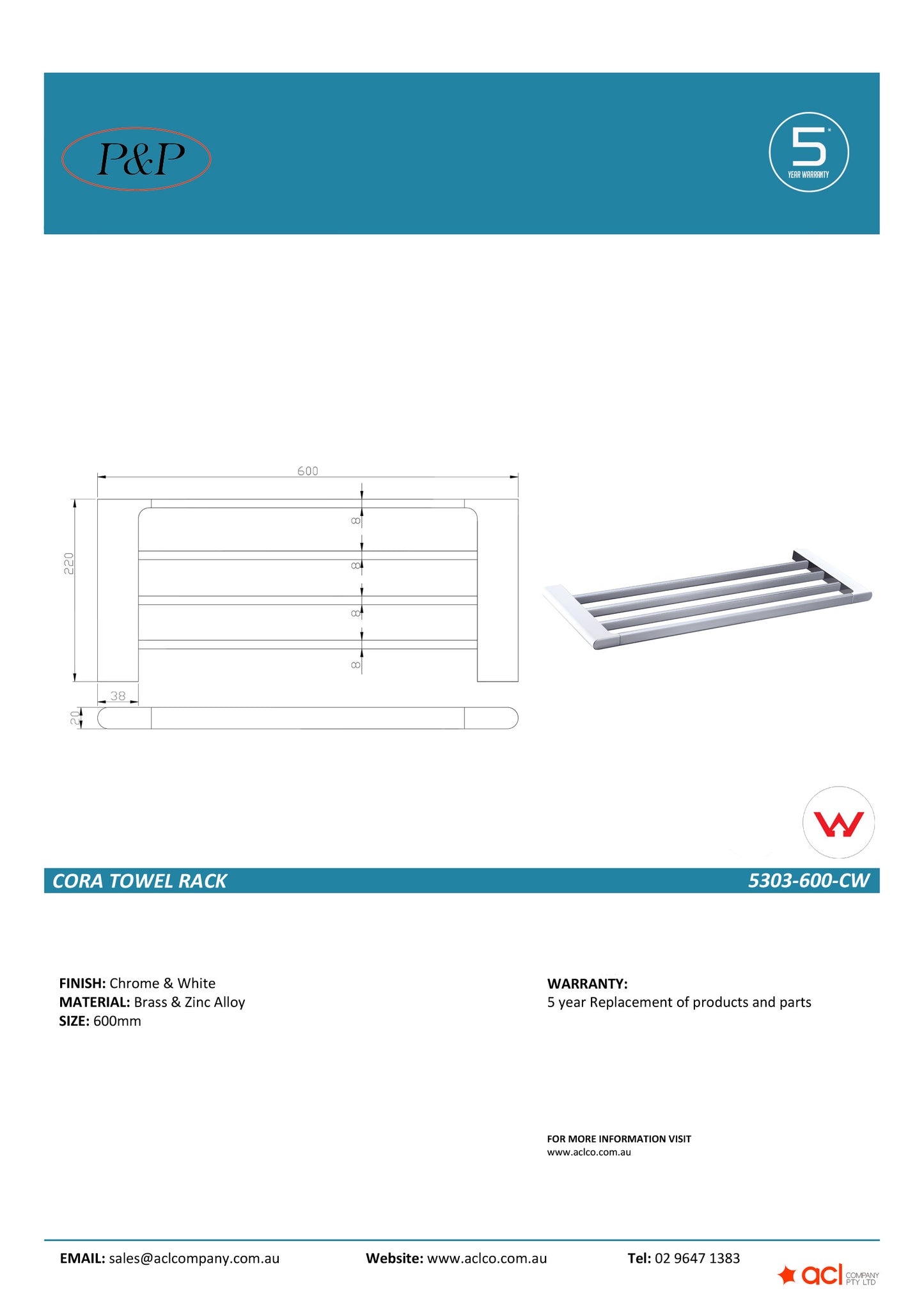Cora Towel Rack Chrome / White 600 mm -5303-600-CW