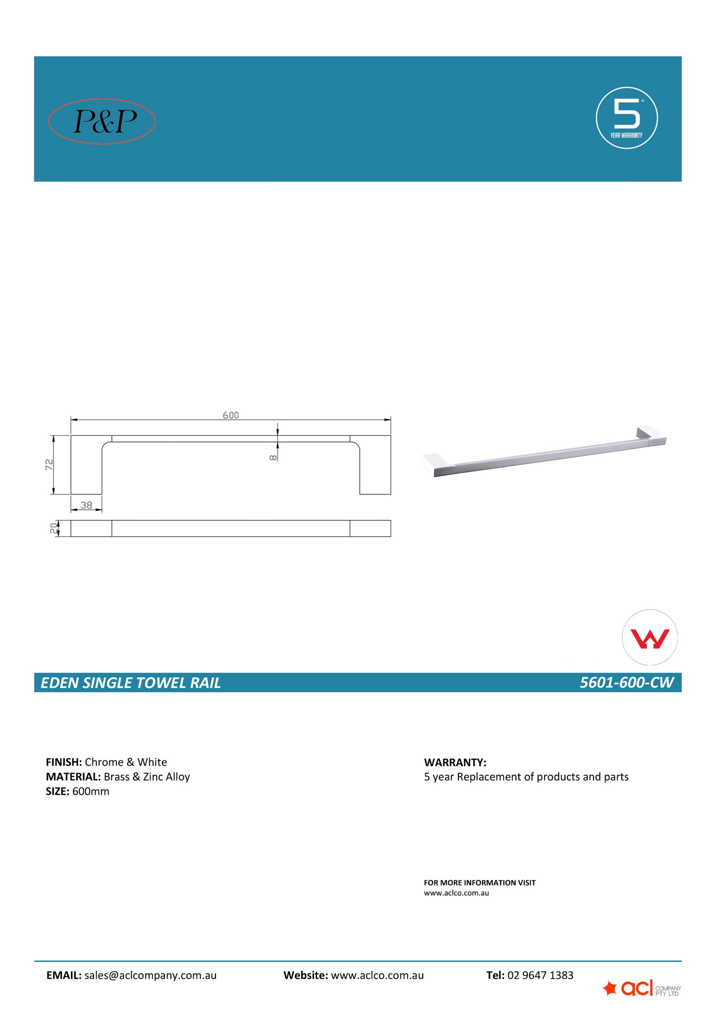 Eden Towel Rail Single Chrome / White 600mm