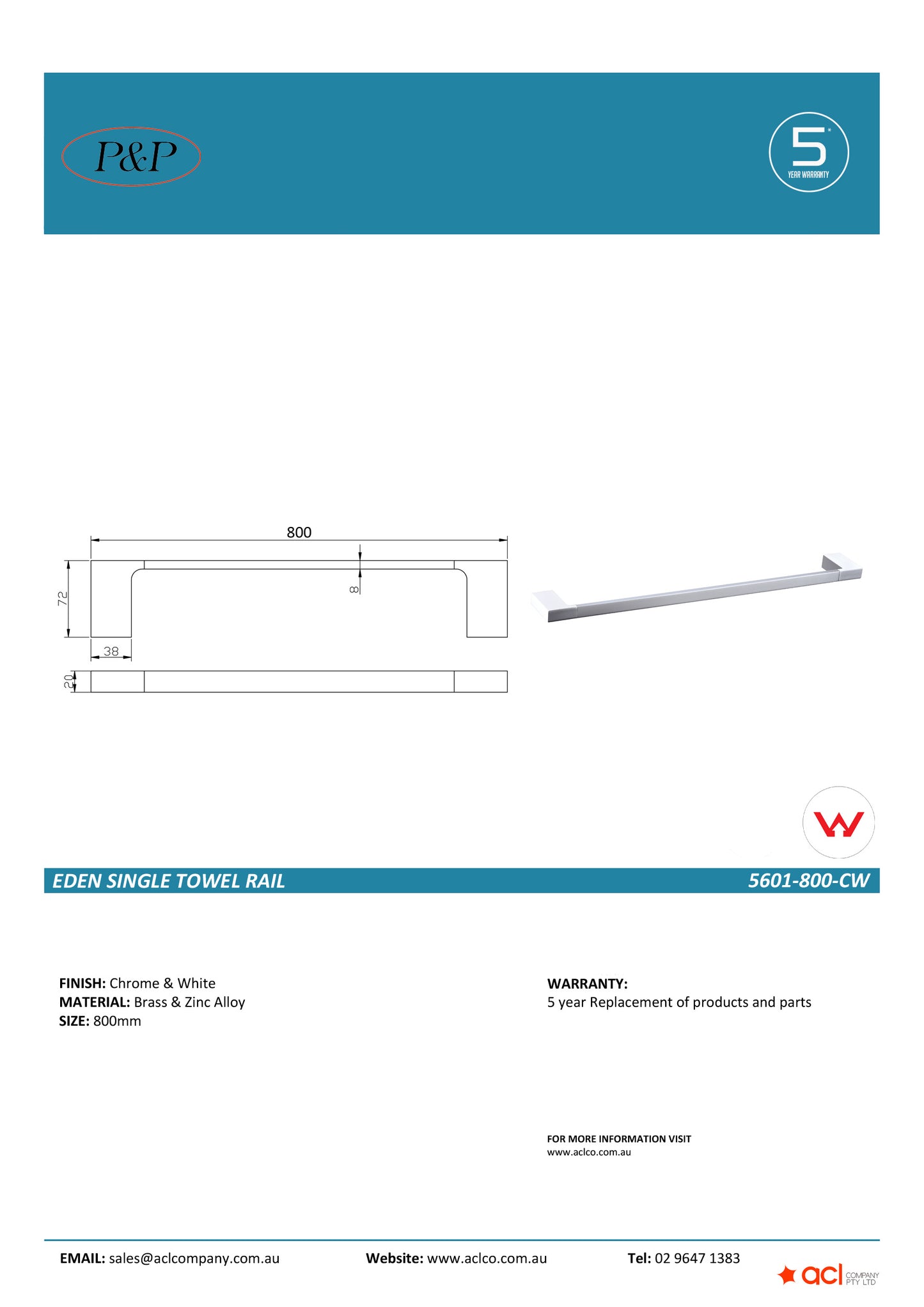 Eden Towel Rail Single Chrome / White 800mm