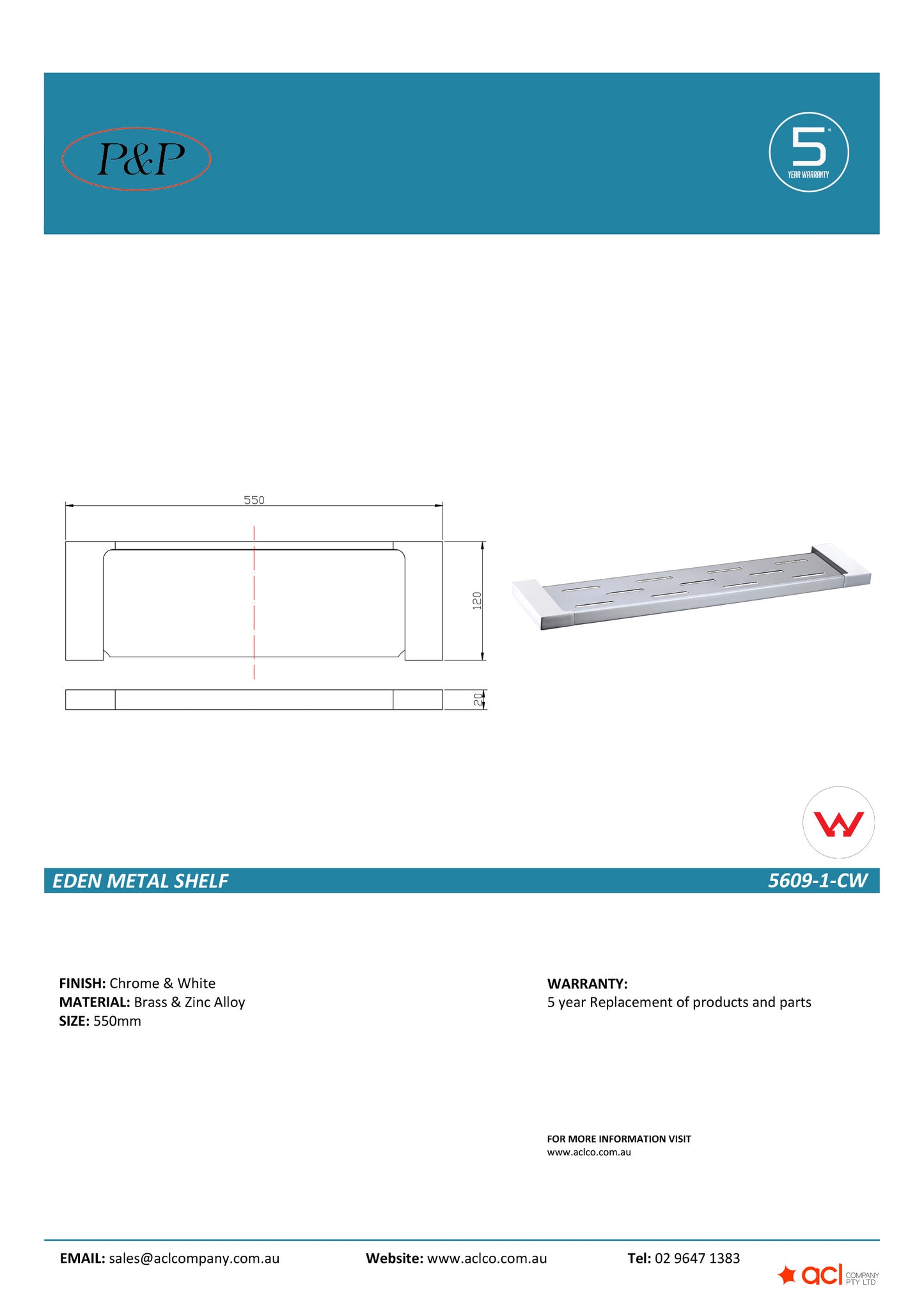 Eden Shelf Metal Chrome / White -5609-1-CW