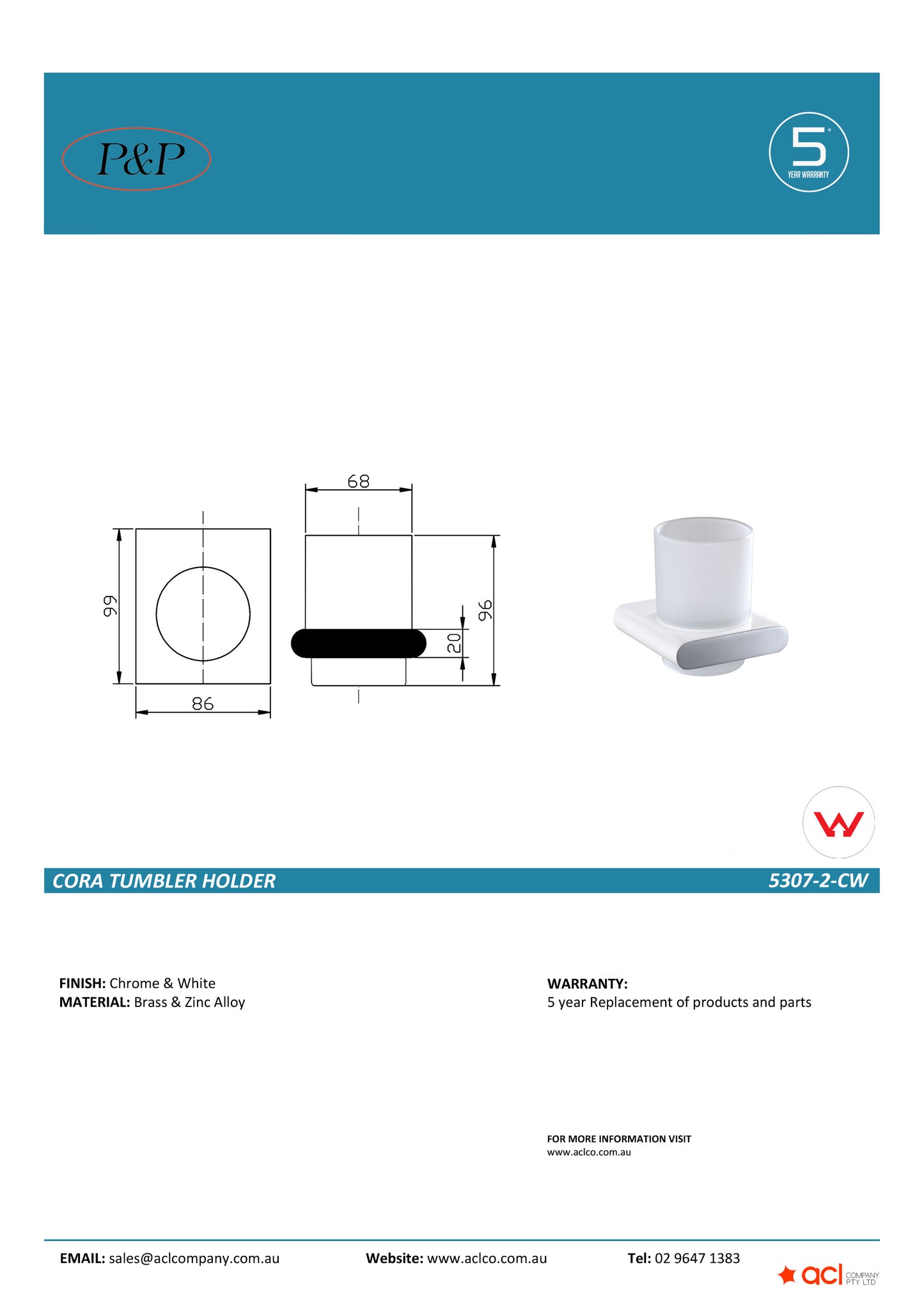 Cora Tumbler Holder Single Chrome / White -5307-2-CW