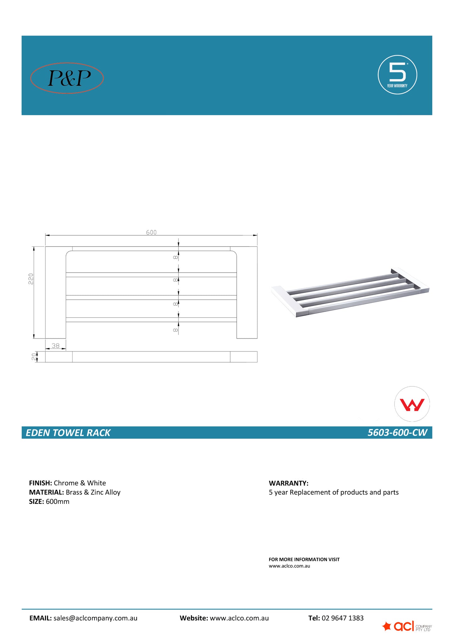 Eden Towel Rack Chrome / White -5603-600-CW