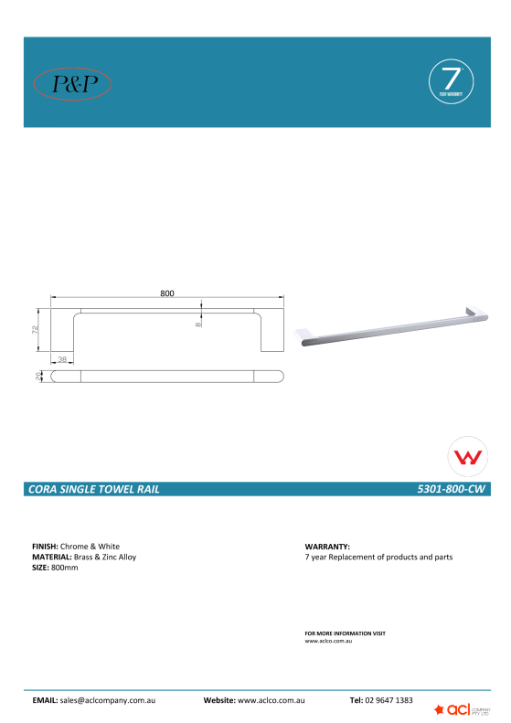 Cora Towel Rail Single Chrome / White 800mm