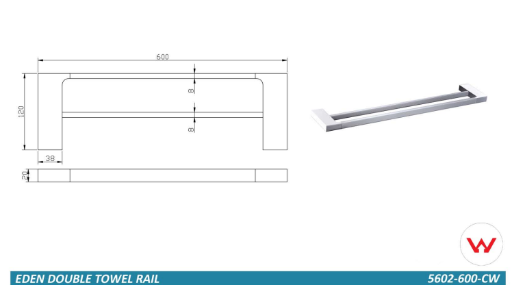 Eden Towel Rail Double Chrome / White 600mm -5602-600-CW